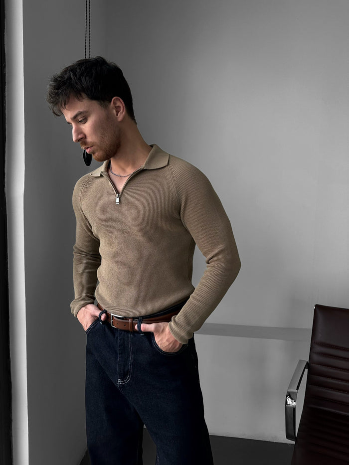 Slim Fit Stickad Dragkedja Polo Tröja - Kamel