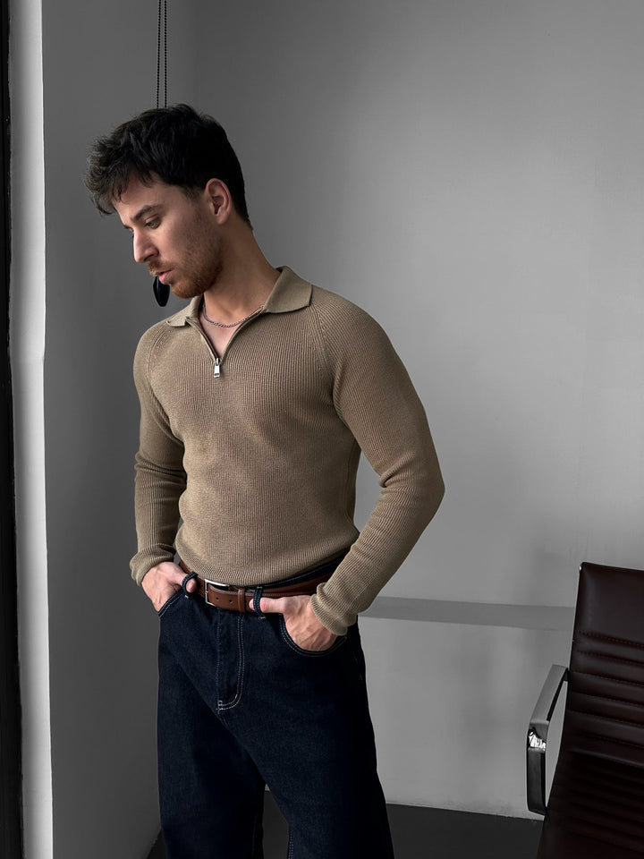 Slim Fit Stickad Dragkedja Polo Tröja - Kamel