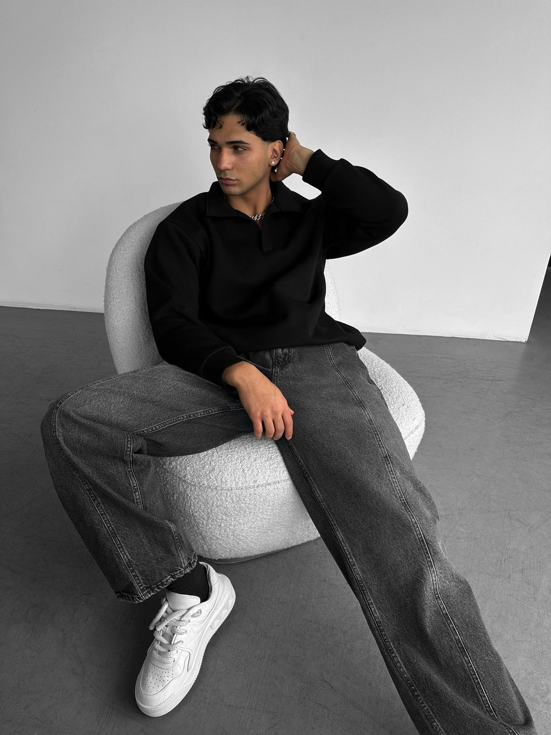 Oversize Basic Polo Sweatshirt - Svart