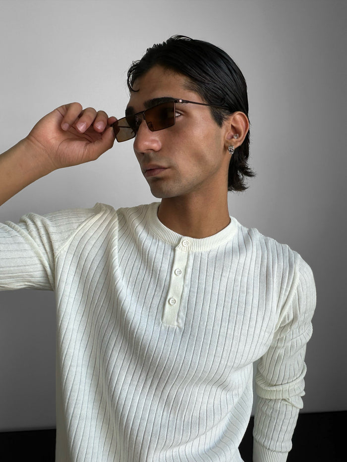 Slim Fit Knappstickad Tröja - Ecru