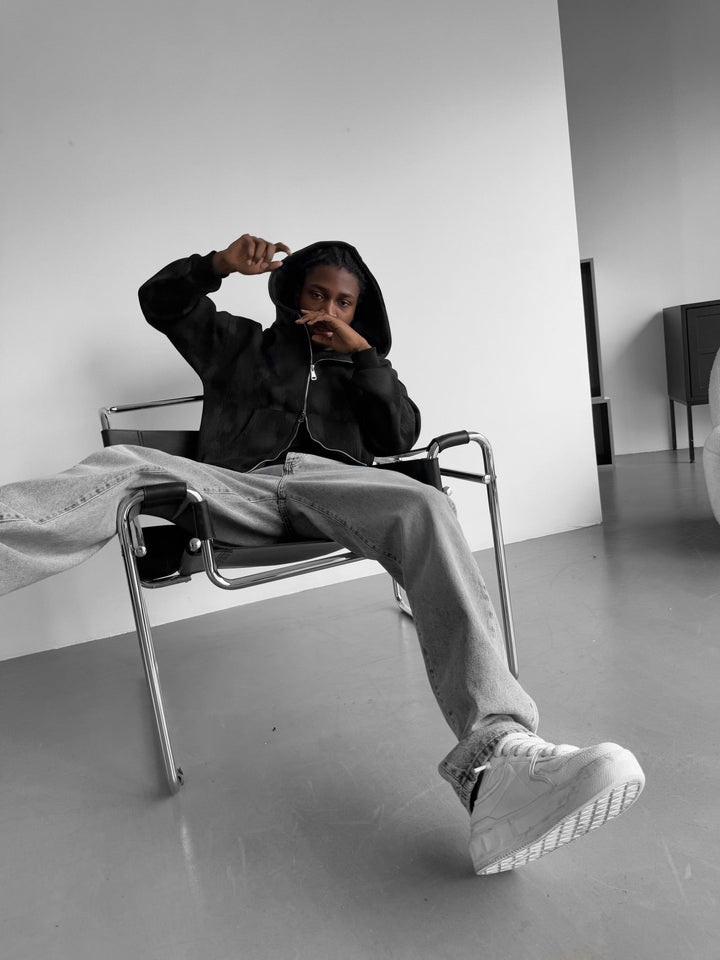 Oversized Effekt Tvättad Dragkedja Hoodie - Svart