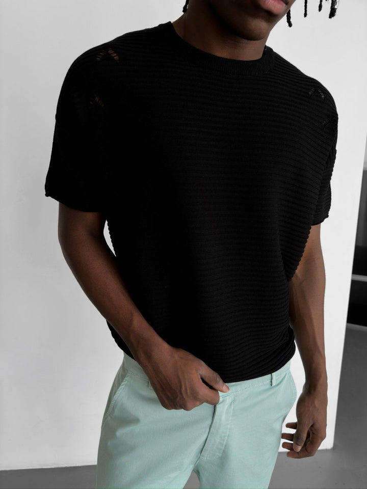 Lös Passform Revärmad Stickad T-shirt - Svart