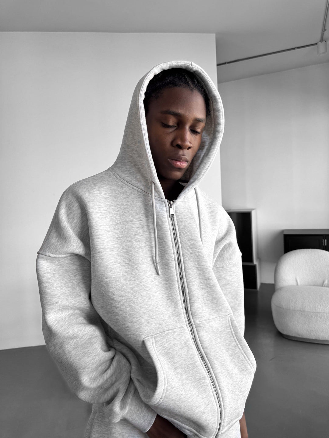 Oversize Basic Zip-Hoodie - Ljus Grå Melange