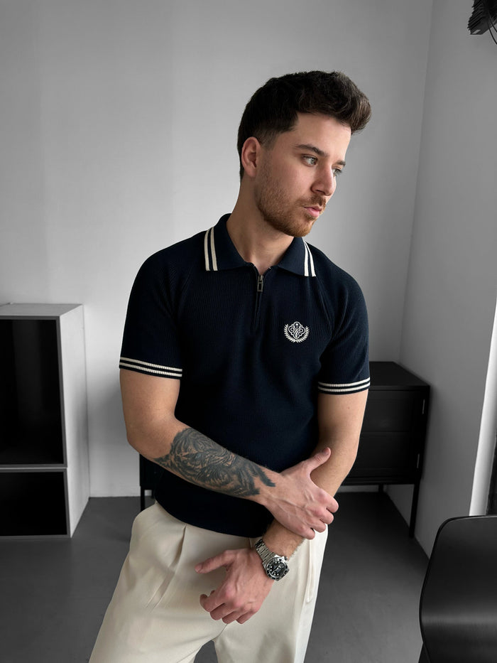 Slim Fit Halv-Zip Broderad Polo T-shirt - Marinblå