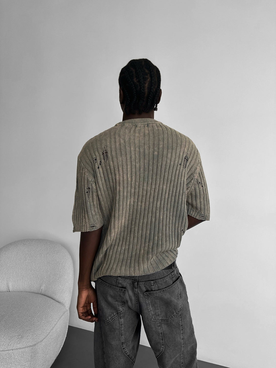 Oversize Torn Tvättad Stickad T-shirt - Sten