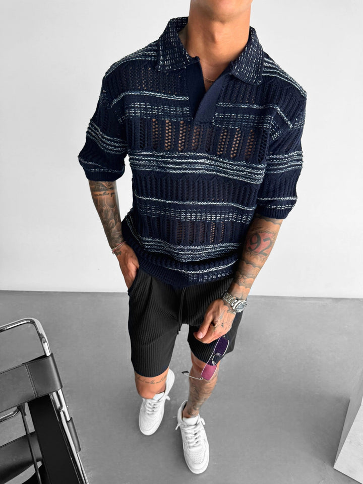 Oversize Stickad Polo T-Shirt - Indigo