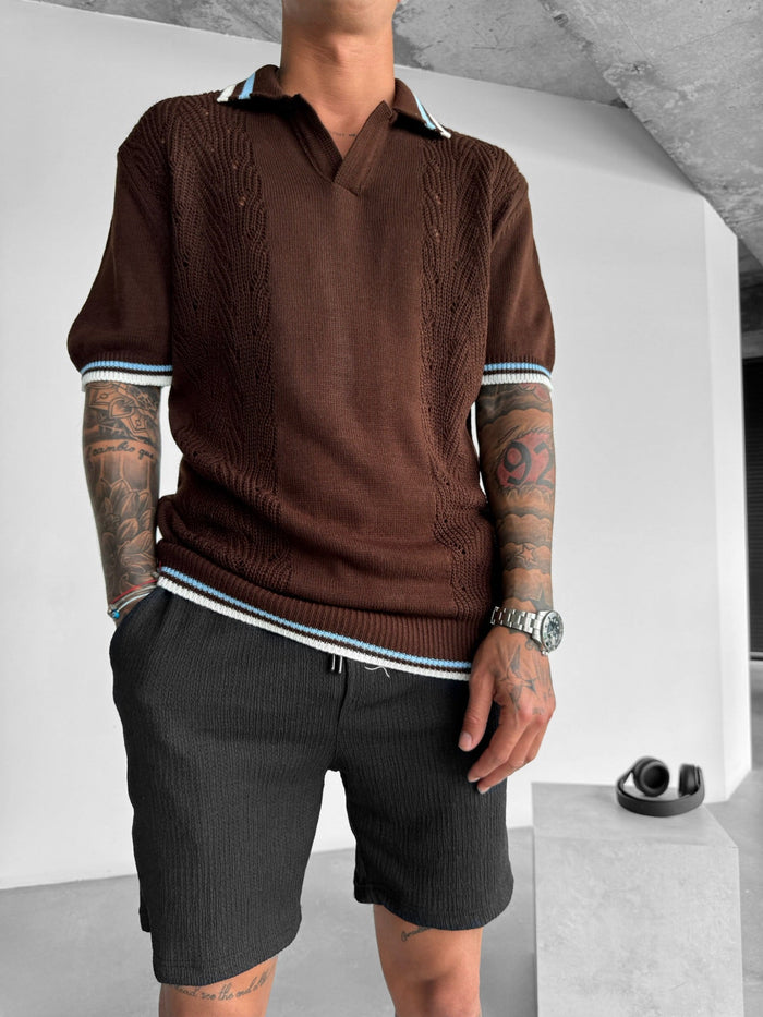 Slim Fit Detaljstickad Polo T-shirt - Brun