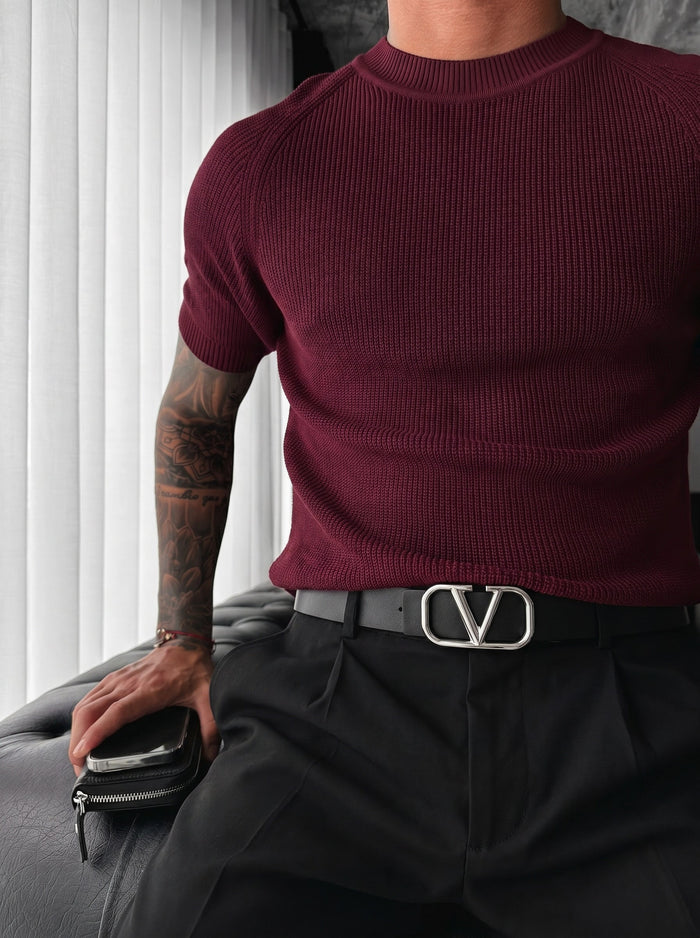 Slim Fit Stickad T-shirt - Plommon