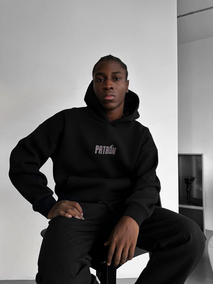 Oversize Detaljerad Patron Hoodie - Svart och Antracit