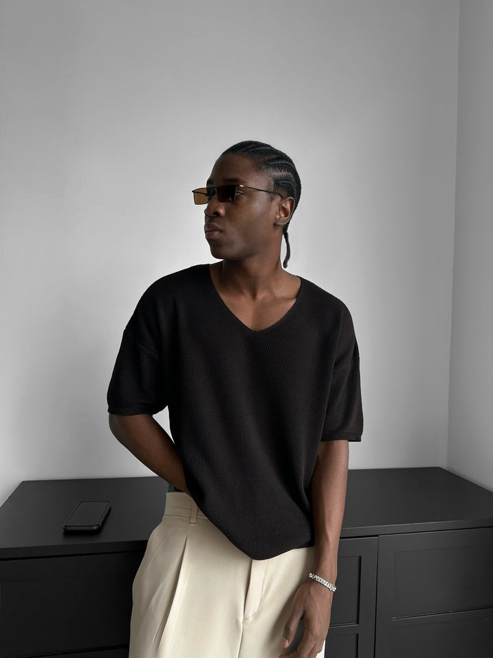 Oversize Lång Stickad T-Shirt - Mörk Brun