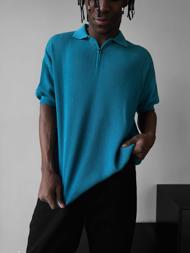 Överdimensionerad dragkedja stickad polo T-shirt - Blå