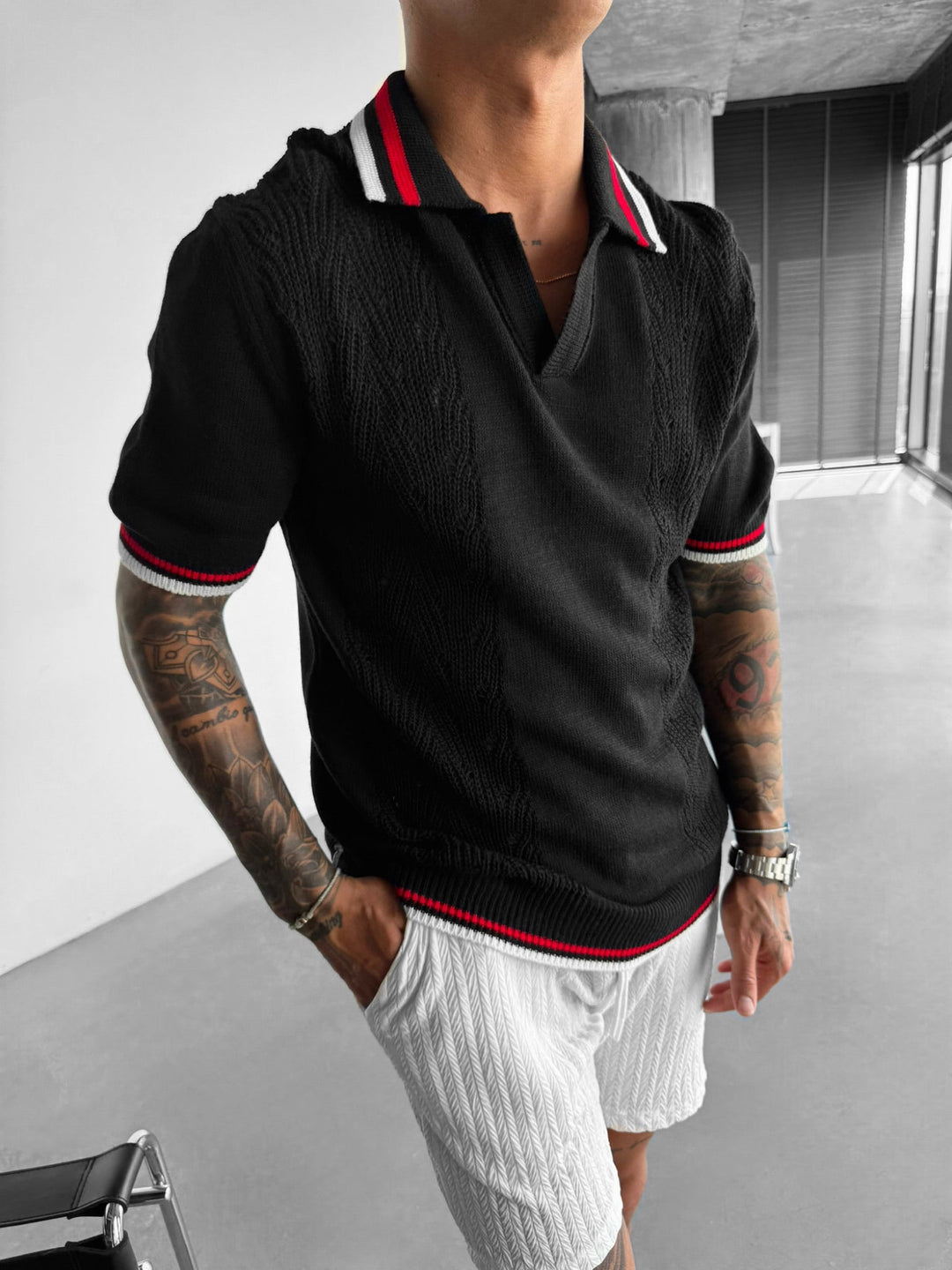 Slim Fit Detaljstickad Polo T-shirt - Svart