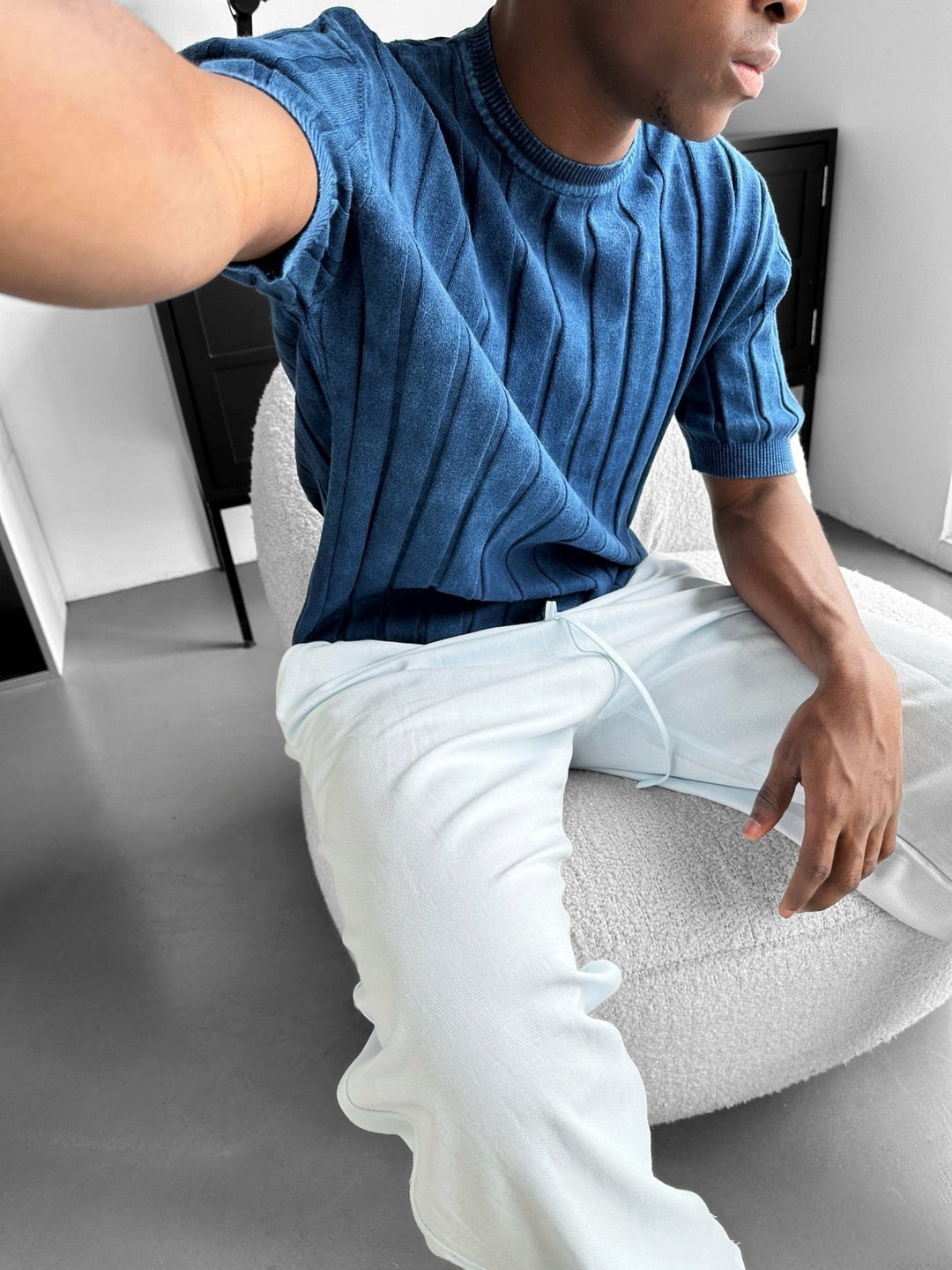 Slim Fit Tvättade Linjer Stickad T-Shirt - Blå