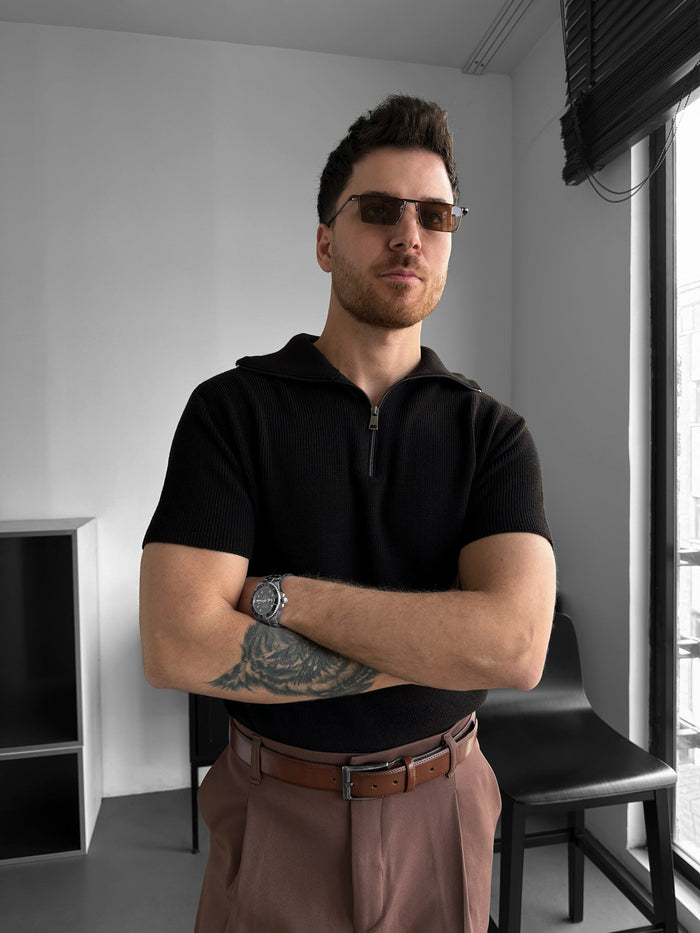 Oversize Zip Neck Knit T-shirt - Mörkbrun
