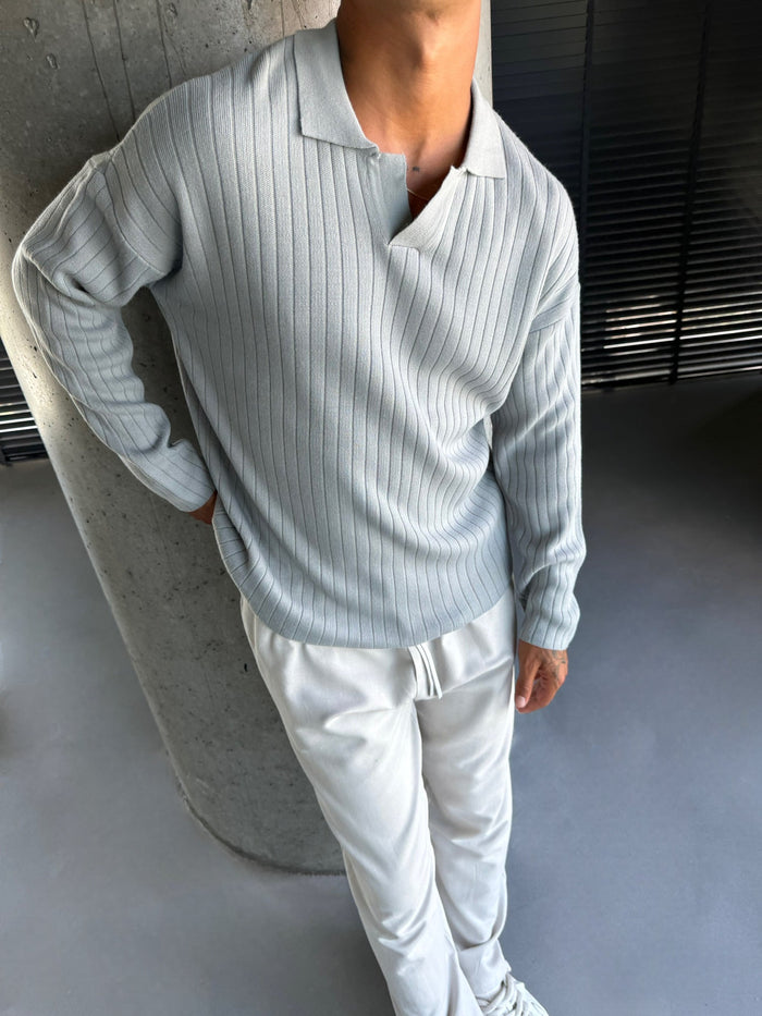 Oversize Vid Ribbad Långärmad Stickad Polo Sweatshirt - Grå