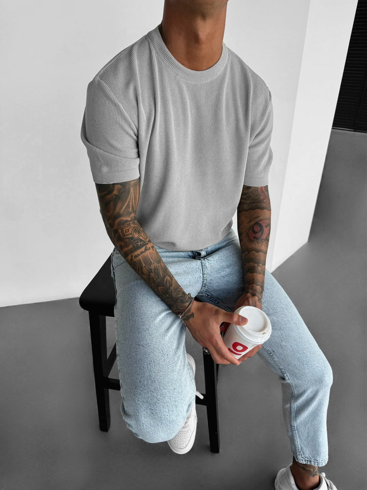 Oversize Stickad T-Shirt - Grå