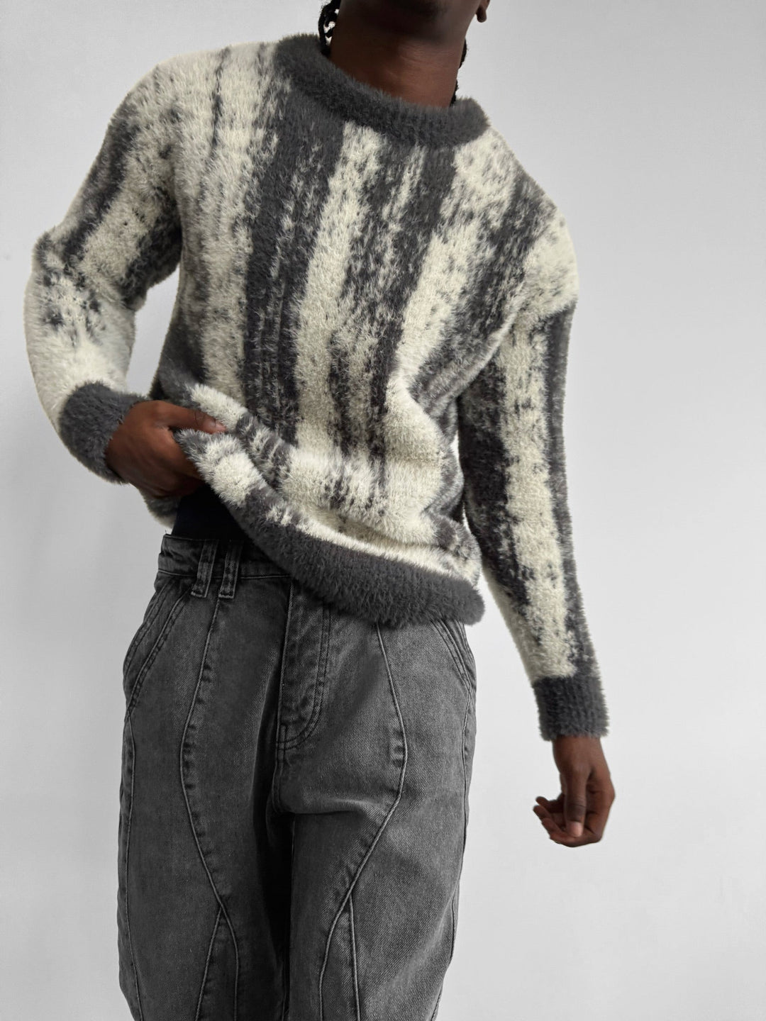 Oversize Brushstroke Effekt Stickad Pullover - Mörkgrå