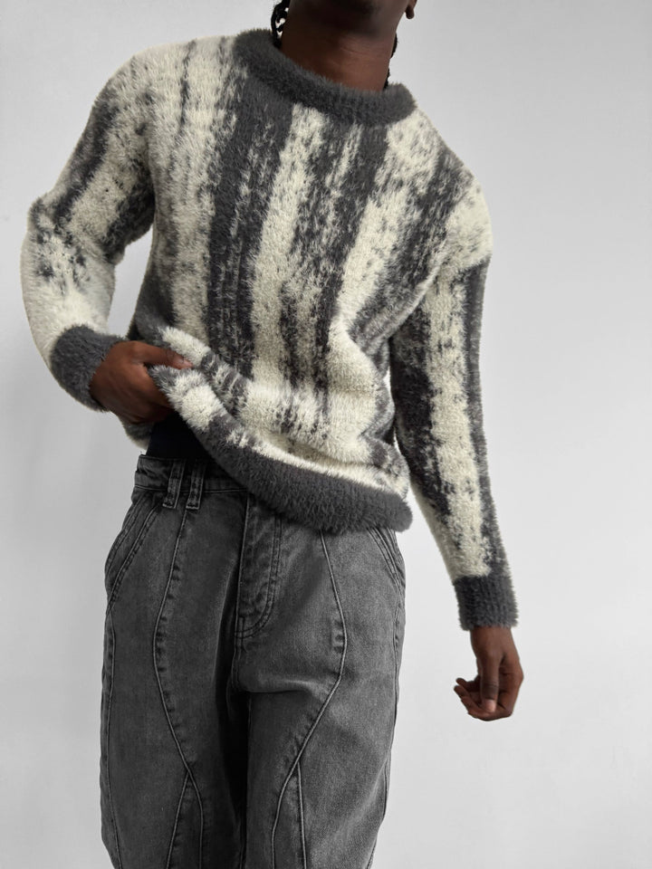 Oversize Brushstroke Effekt Stickad Pullover - Mörkgrå