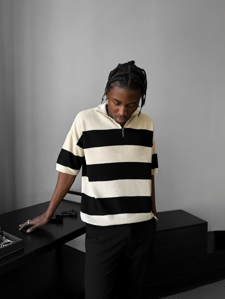 Regular Striped Knit T-shirt - Grädde