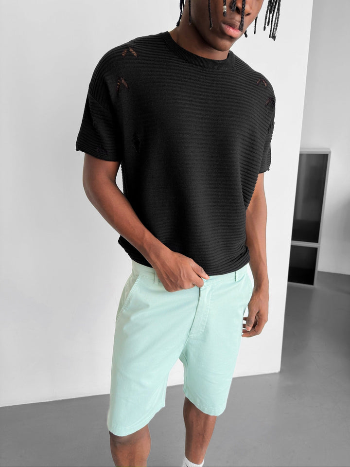 Lös Passform Revärmad Stickad T-shirt - Svart