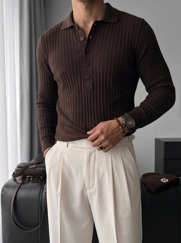 Slim Fit Polo Stickad Tröja - Mörkbrun