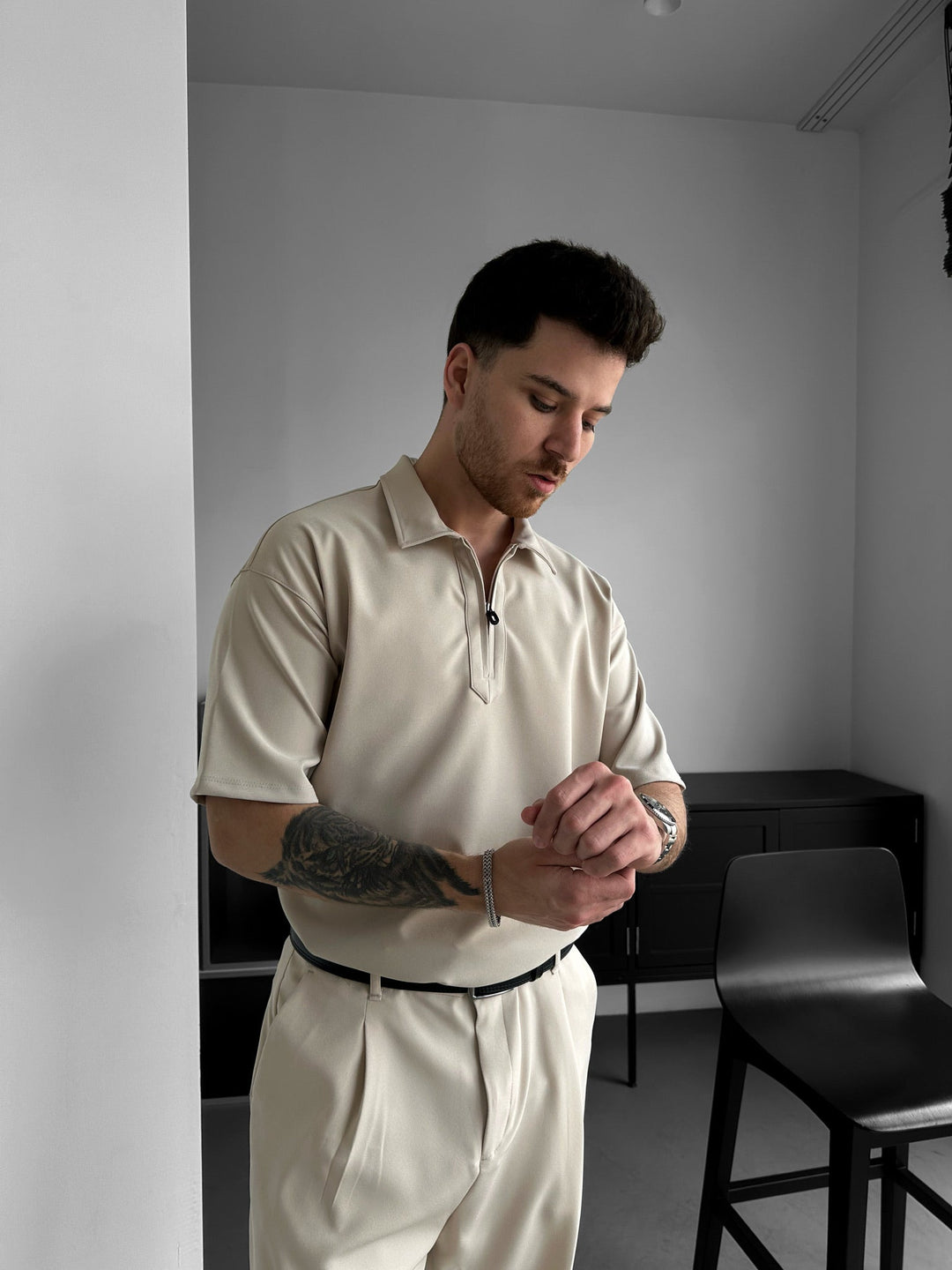 Lös Passform Halv-Zip Polo T-shirt - Beige