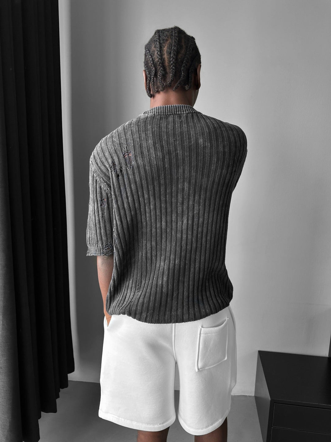 Oversize Torn Tvättad Stickad T-shirt - Svart