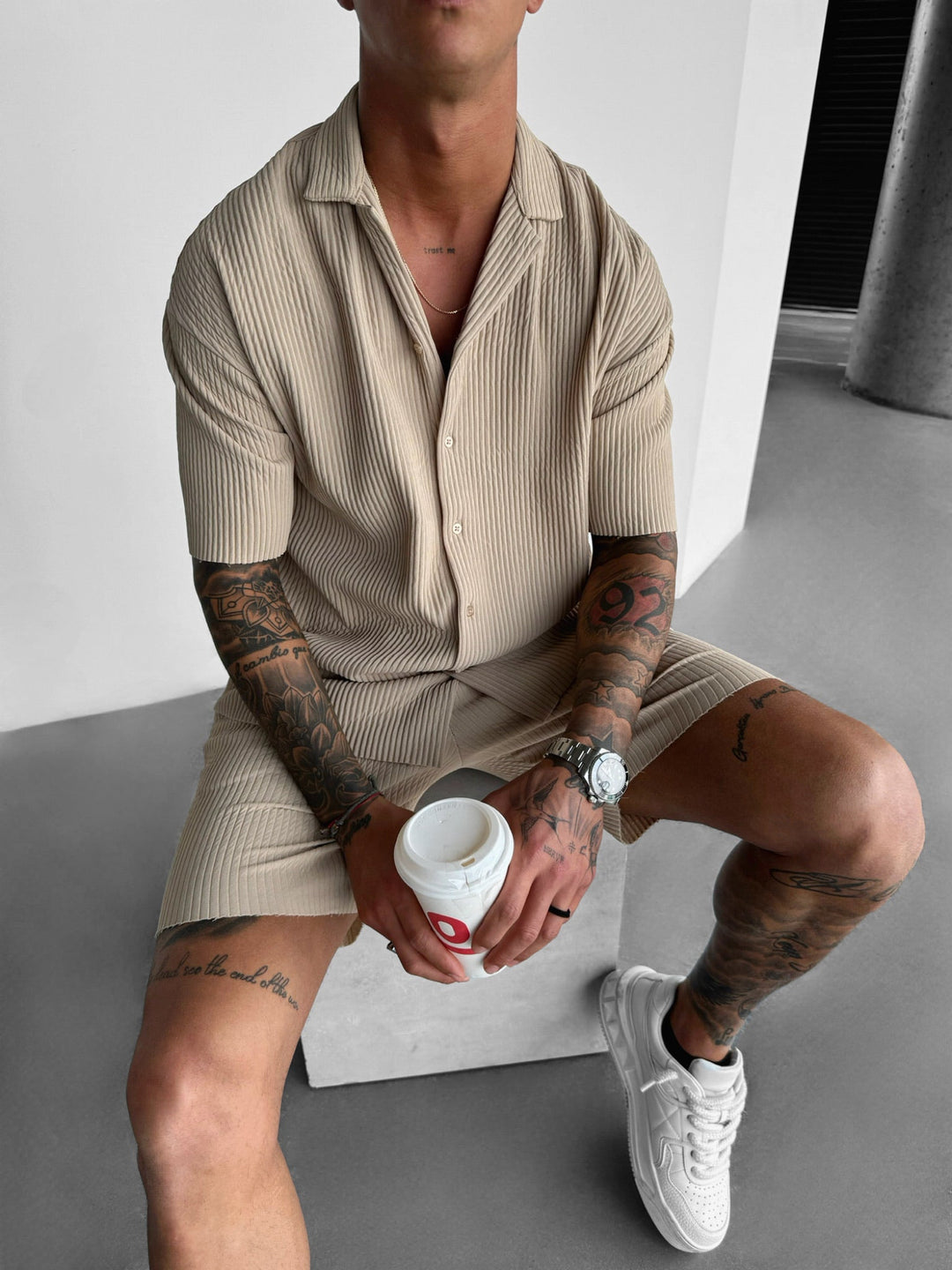 Översize Ribbad Skjorta - Beige