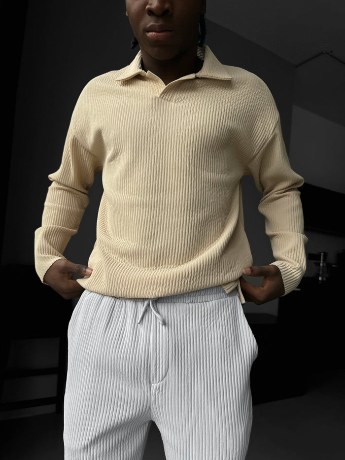 Överdimensionerad Ribbad Långärmad Polo T-shirt - Almond Buff