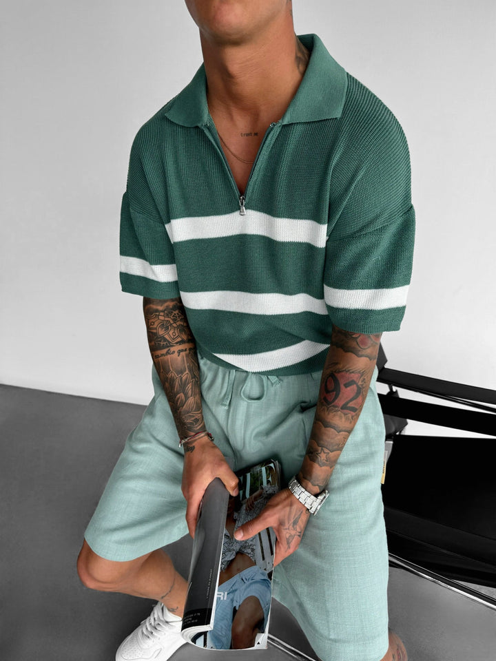 Regelbunden Stickad Dragkedja T-shirt - Petrol