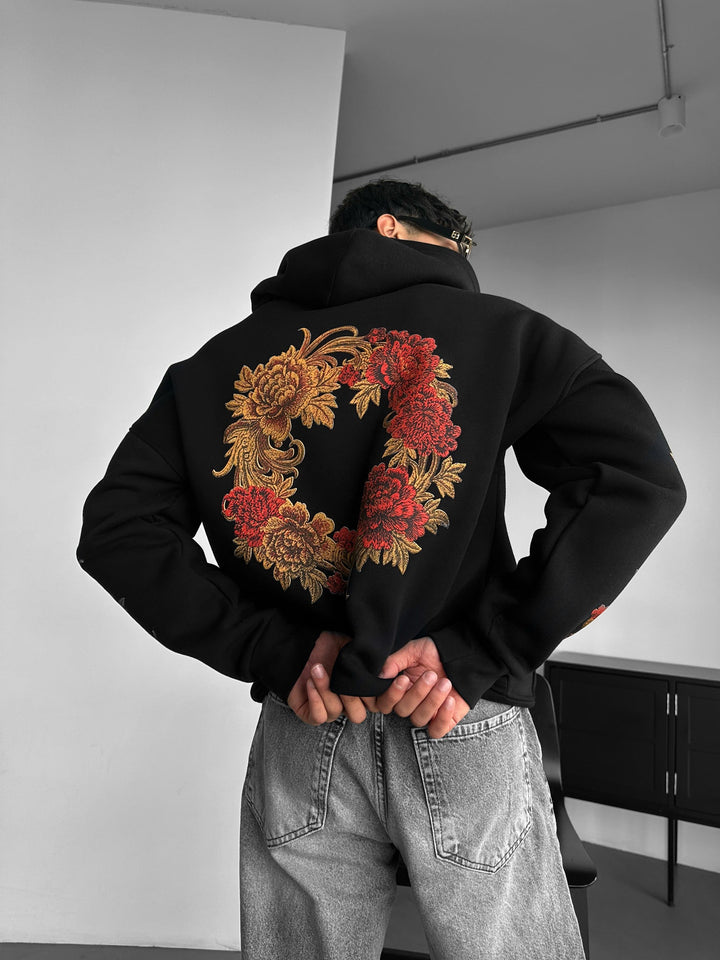 Oversize Krysantemum Hoodie - Svart