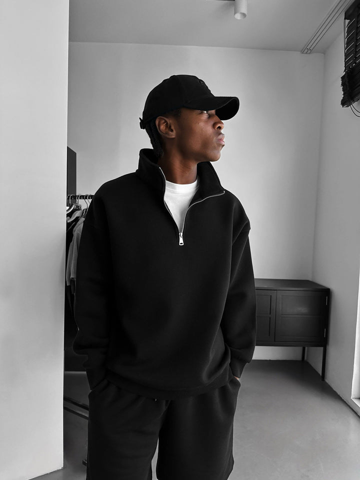 Oversize Halvdraget Polo Sweatshirt - Svart