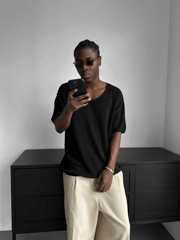 Oversize Lång Stickad T-Shirt - Mörk Brun