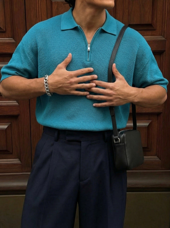 Överdimensionerad dragkedja stickad polo T-shirt - Blå