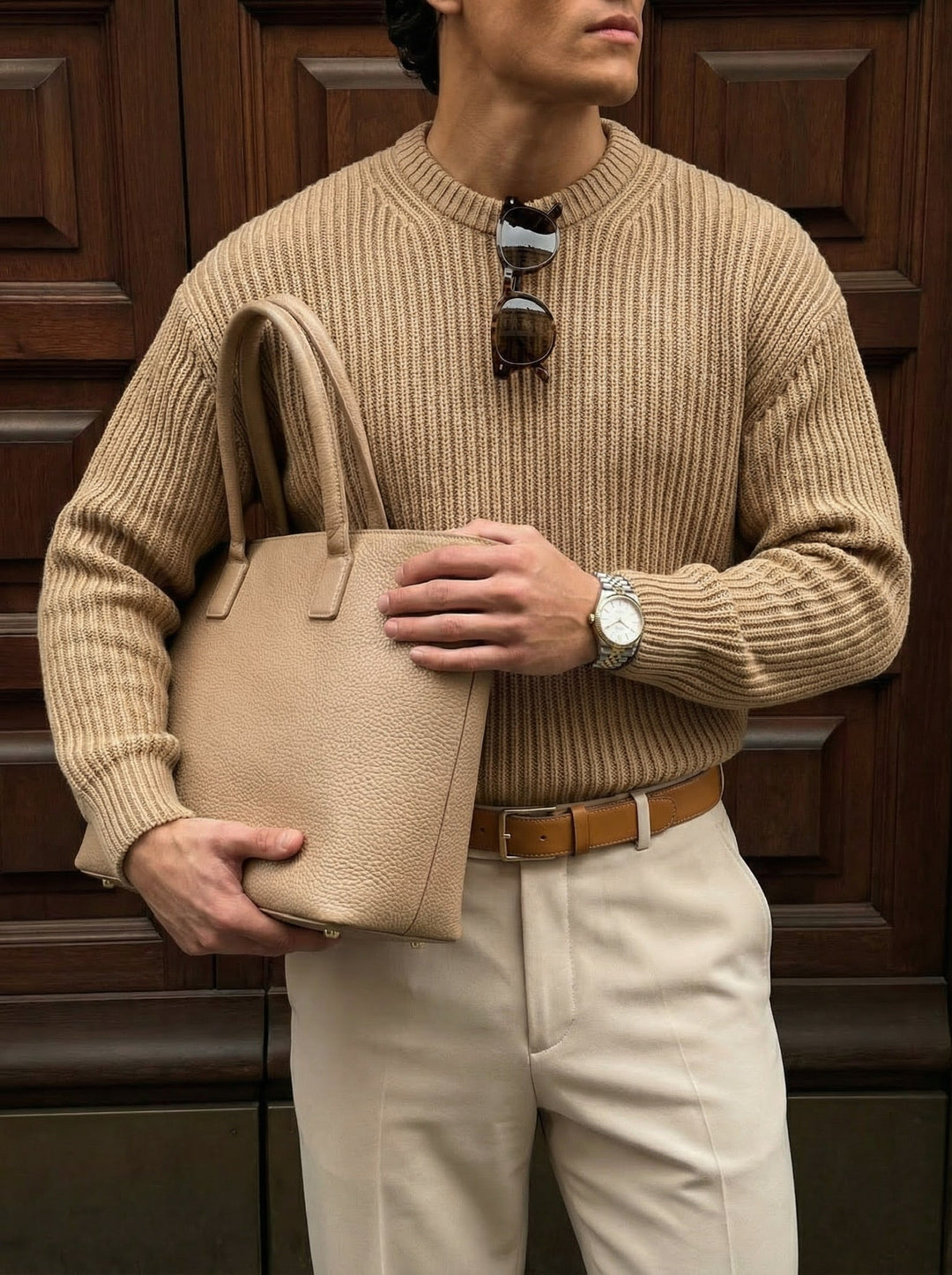 Lös Passform Randig Struktur Pullover - Kamel