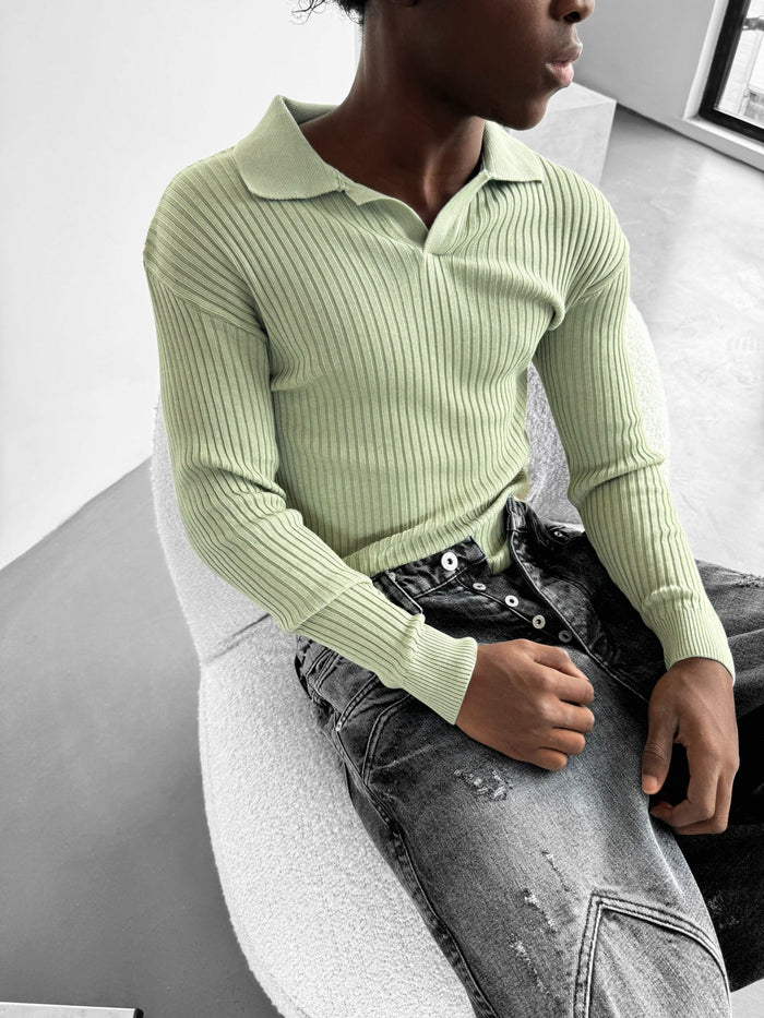 Slim Fit Stickad Polo Tröja - Mint