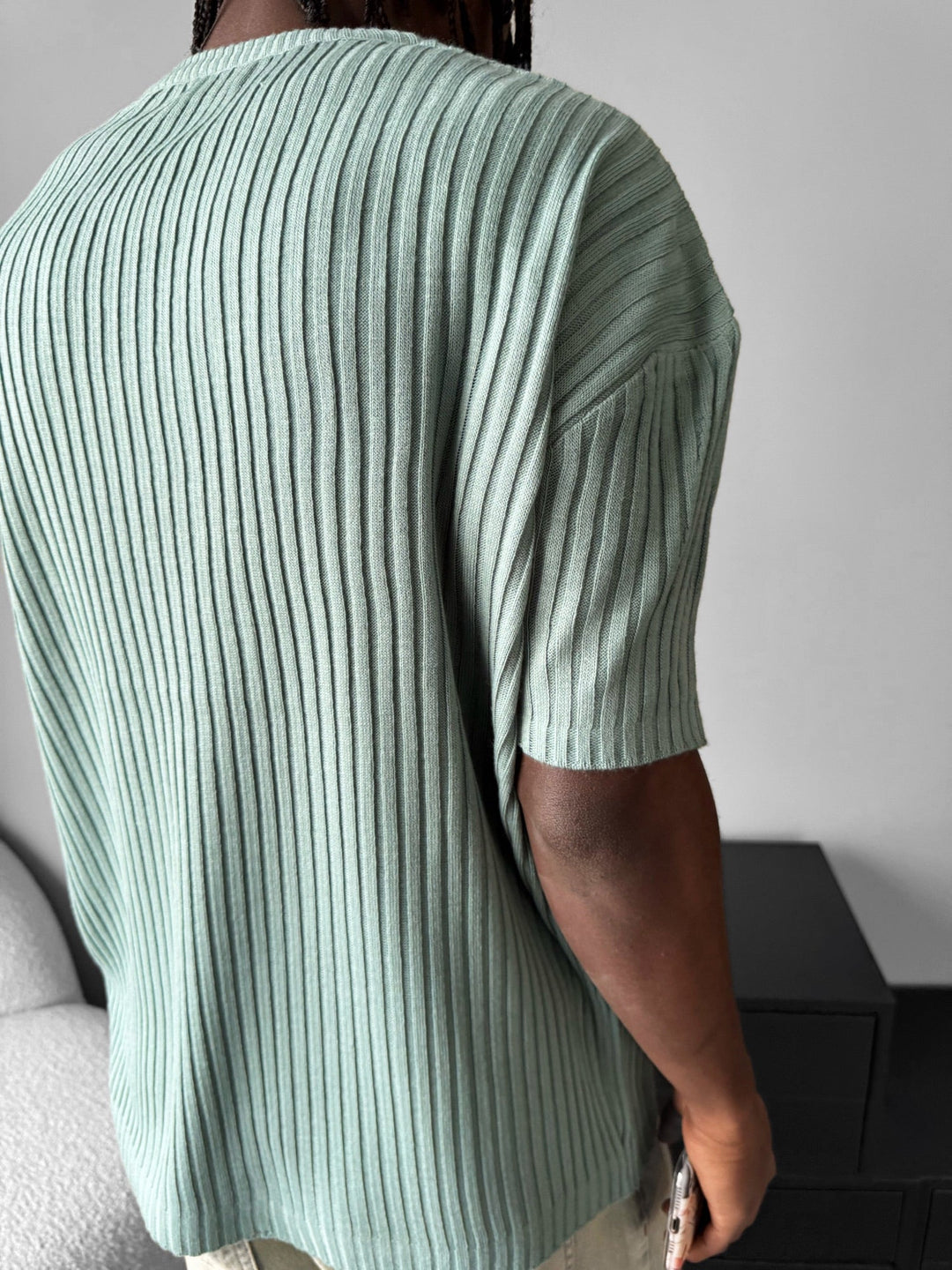 Lös Passform Ribbad Stickad T-Shirt - Mint