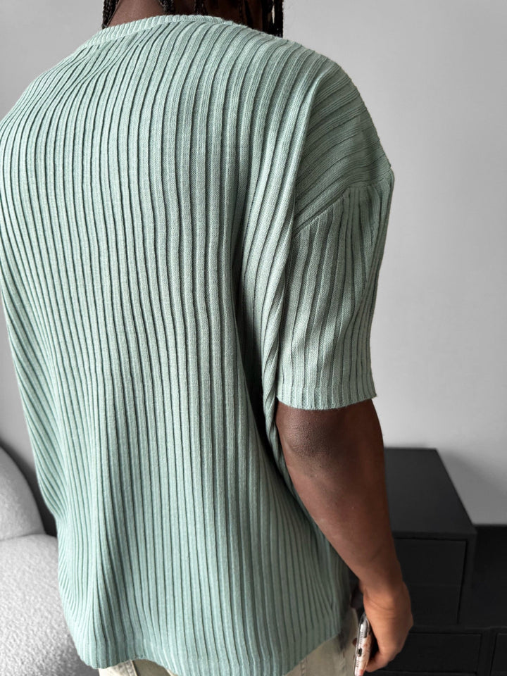 Lös Passform Ribbad Stickad T-Shirt - Mint