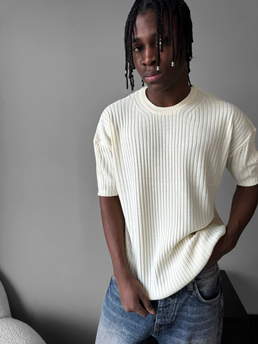 Lös Passform Ribbad Stickad T-Shirt - Cremé