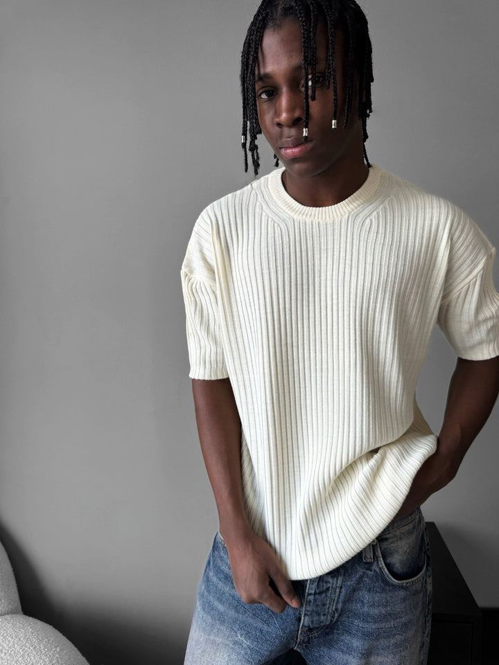 Lös Passform Ribbad Stickad T-Shirt - Cremé