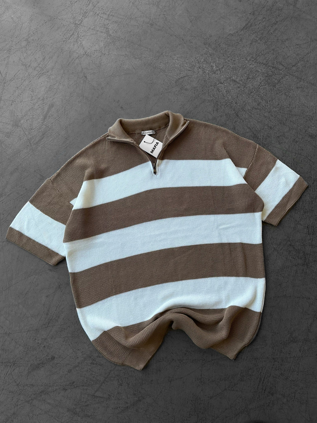 Regelbunden Randig Stickad T-shirt - Kamel