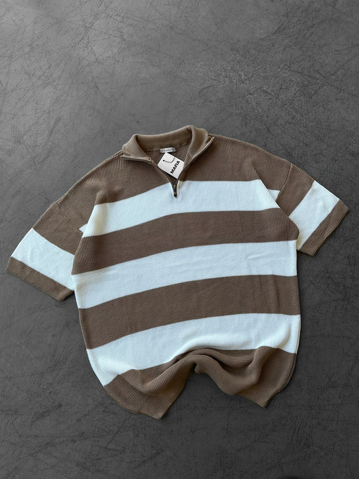Regelbunden Randig Stickad T-shirt - Kamel