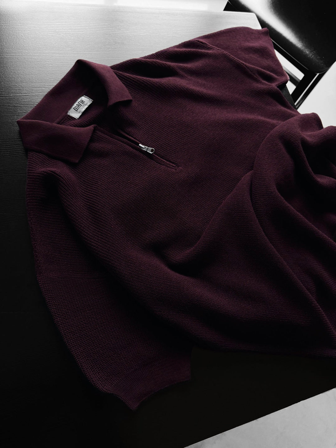 Oversize Dragkedja Stickad Polo T-shirt - Plommon