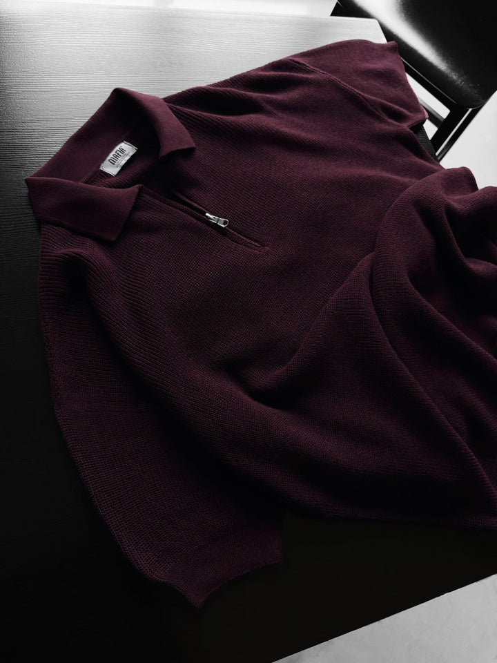 Oversize Dragkedja Stickad Polo T-shirt - Plommon