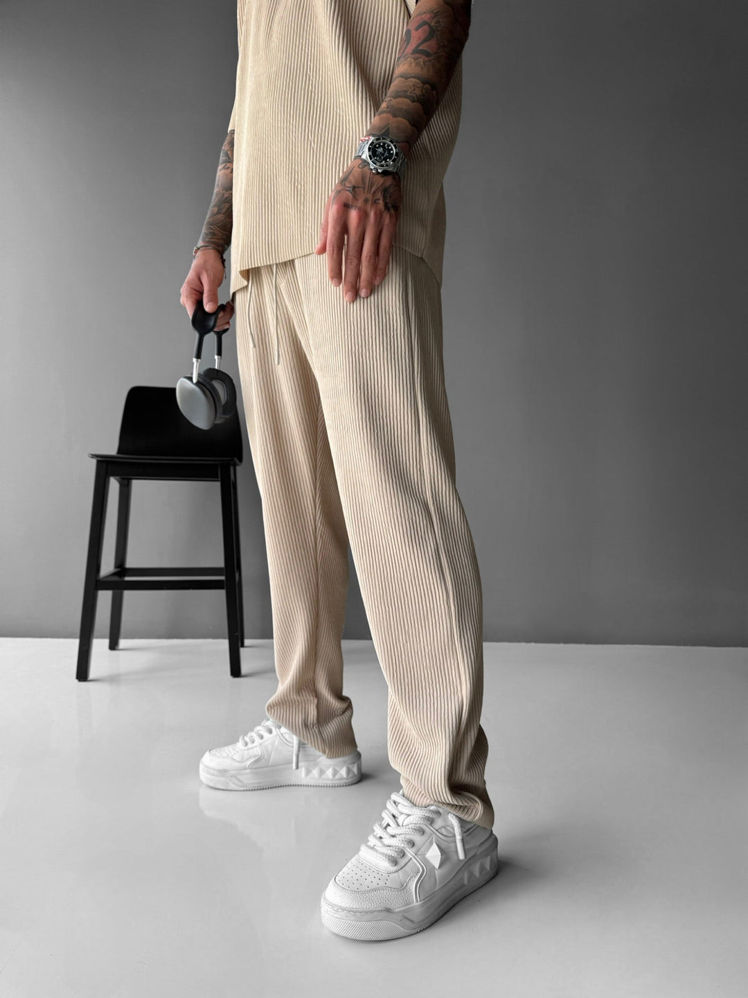 Lösa Ribbstickade Byxor - Beige