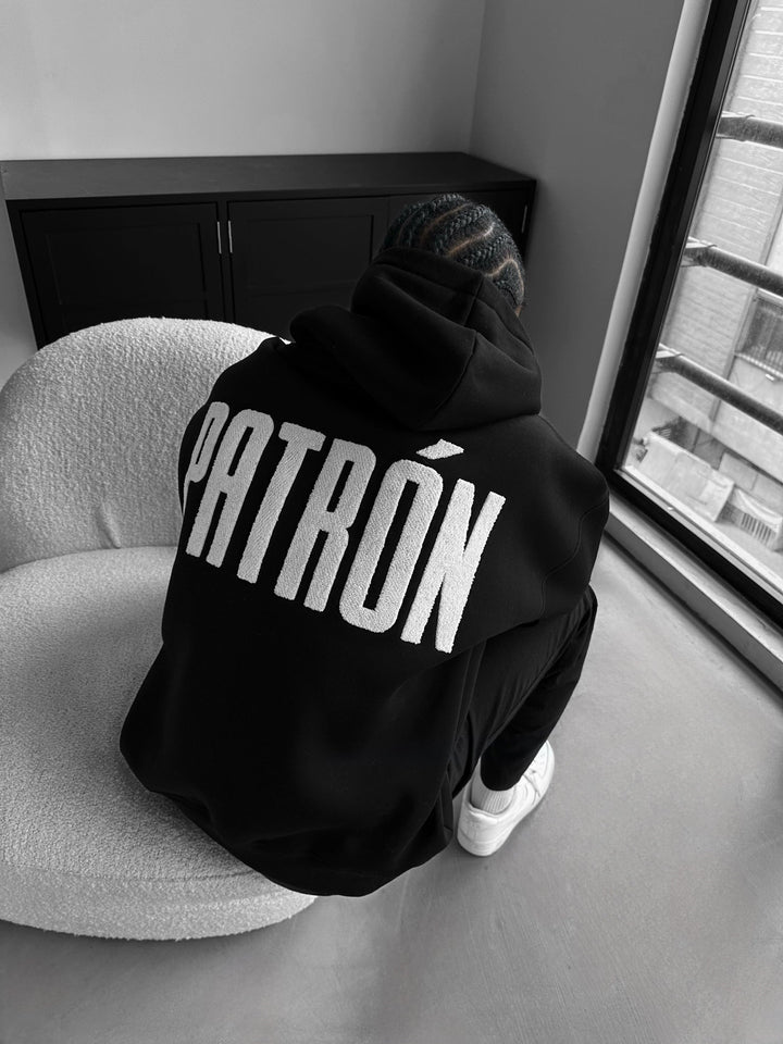 Oversize Detaljerad Patron Hoodie - Svart och Vit