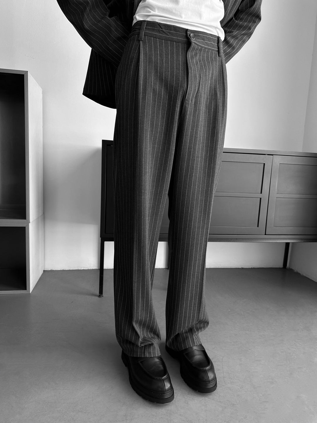Oversize Pinstripe Dubbelknäppt Kostym - Svart