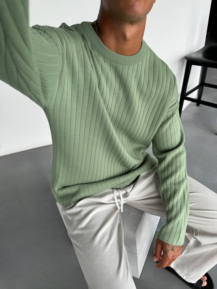 Överdimensionerad Bred Ribbad Långärmad Stickad Sweatshirt - Gräs