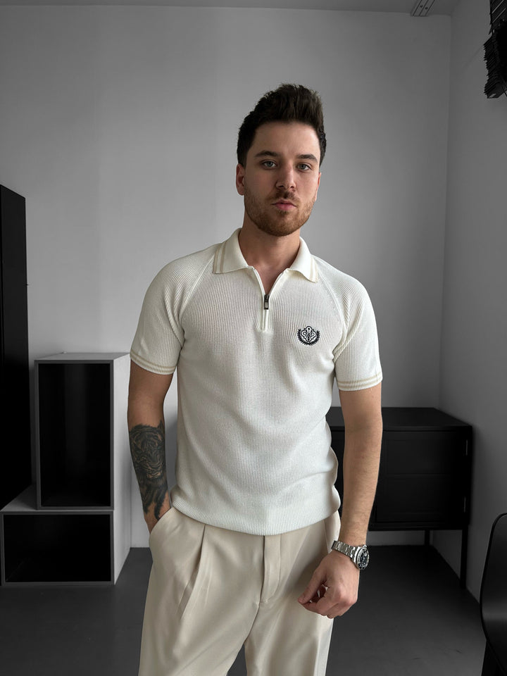 Slim Fit Halv-Zip Broderad Polo T-shirt - Ecru