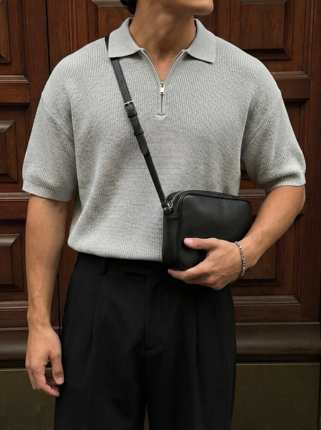 Oversize Dragkedja Stickad Polo T-shirt - Grå